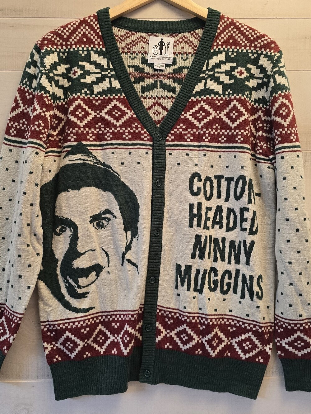 {M} Elf Christmas Movie Nordic Fair Isle Sweater Cardigan Green